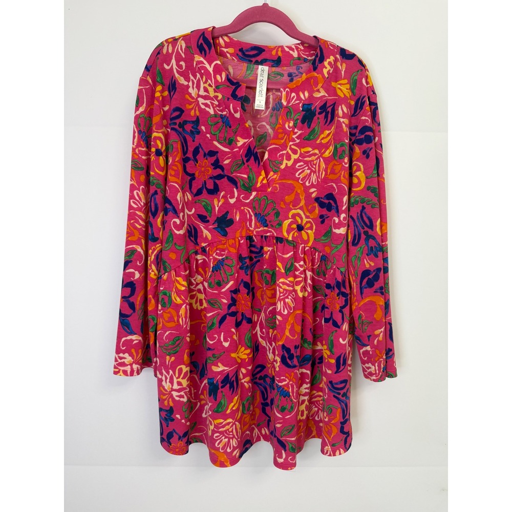 Dear Scarlett Pink Floral Babydoll Top Split Neck Long‎ Sleeve Small